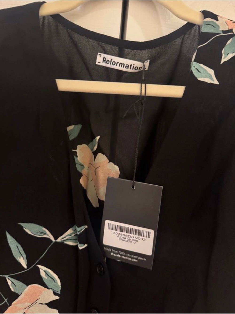 Reformation Black Floral V-Neck Midi Dress with Pink Blossoms - Picture 3 of 4